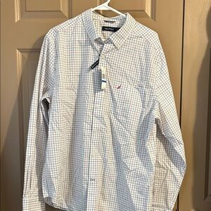 Nautica White Button-Down Shirt with Blue and Red Windowpane
